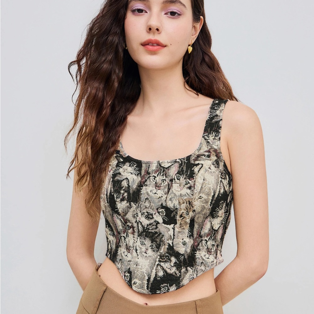 Cider JACQUARD CAT PATTERN CORSET CAMI CROP TOP NWT - Picture 2 of 3